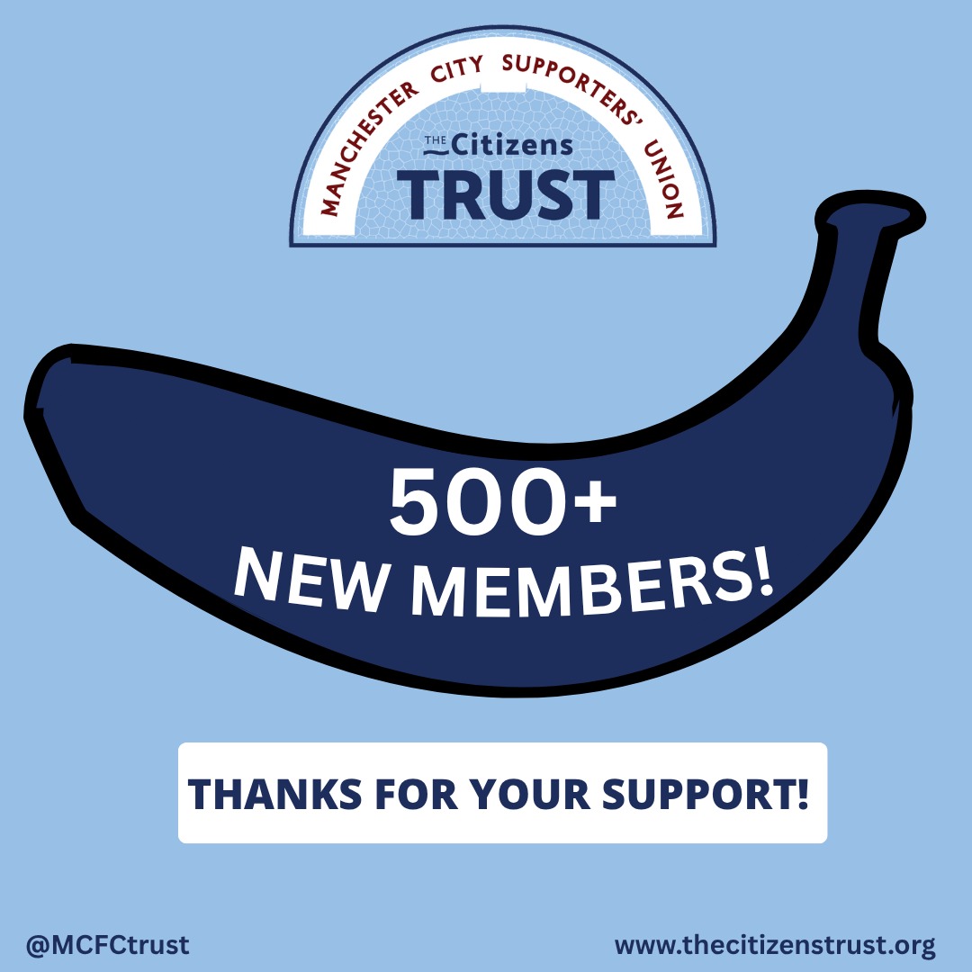 A graphic in the shape of a banana saying "500+ new members, thanks for your support!"